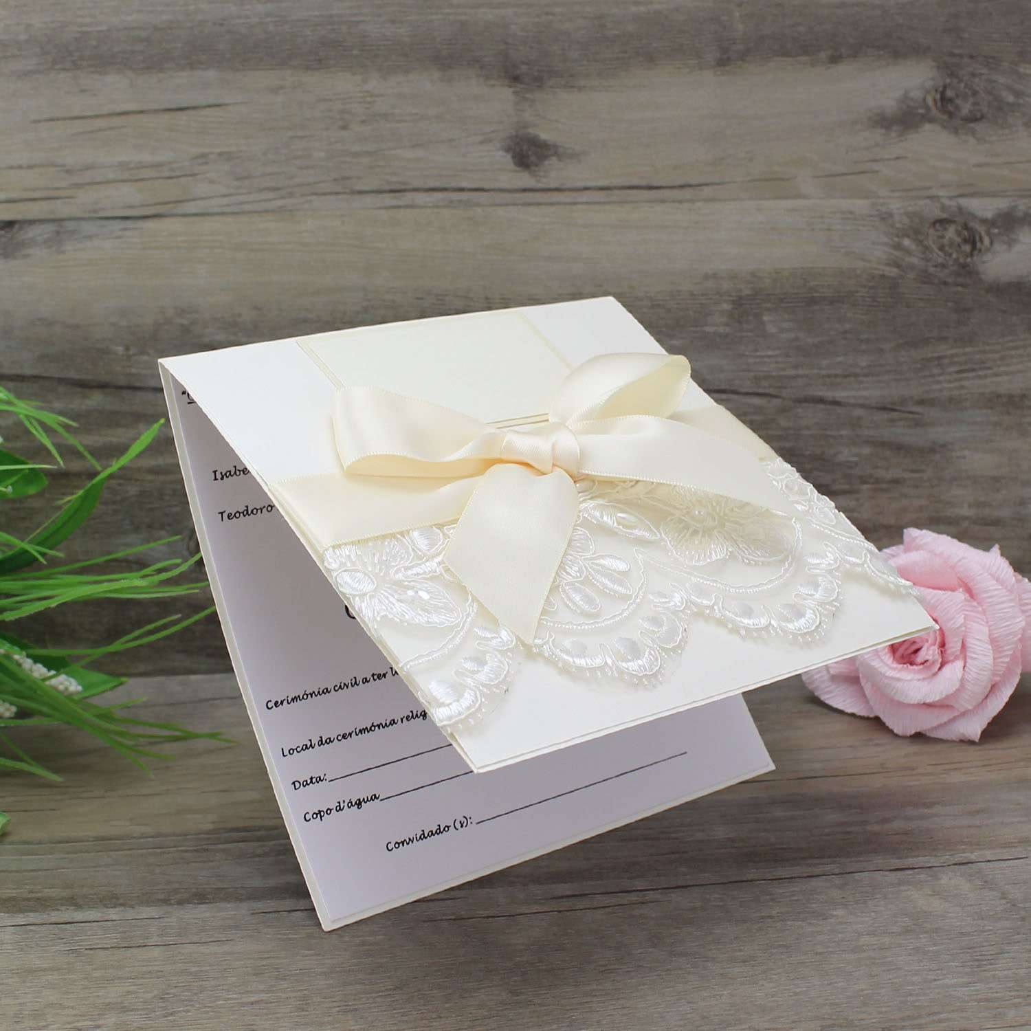 Elegant Invitation Card with Ivory Ribbon Bow Wedding Invitation Customized Greeting Card 